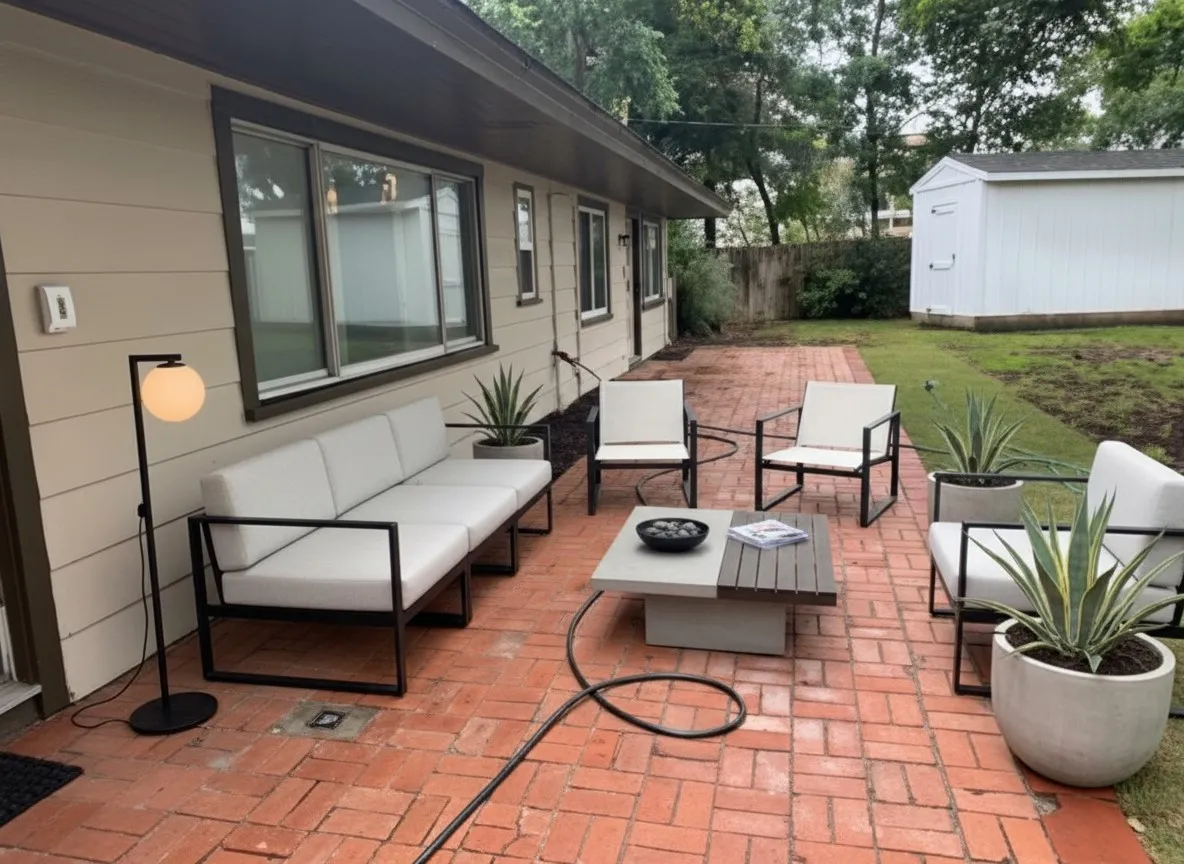 Virtually Staged View of patio with an outdoor living space with a fire pit and a storage shed!  Imagine the possibilities!