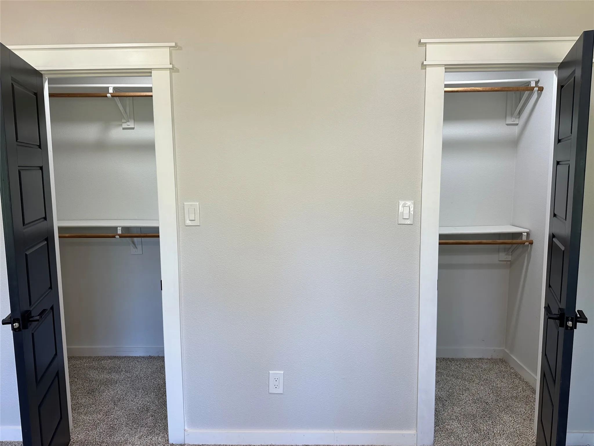 Spacious closet featuring dark colored carpet