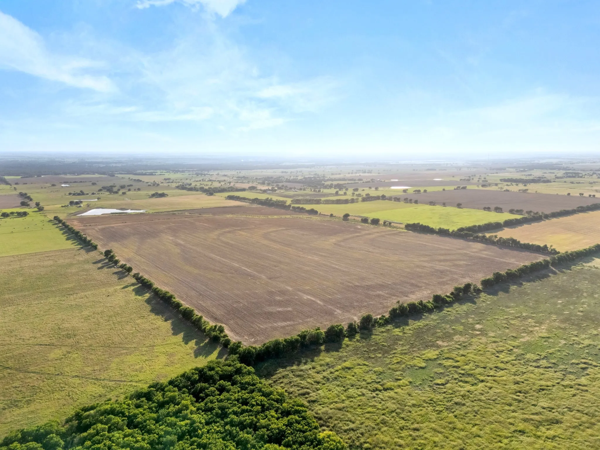 Expansive agricultural land featuring a large tilled field, green pastures, and a tree-lined property boundary