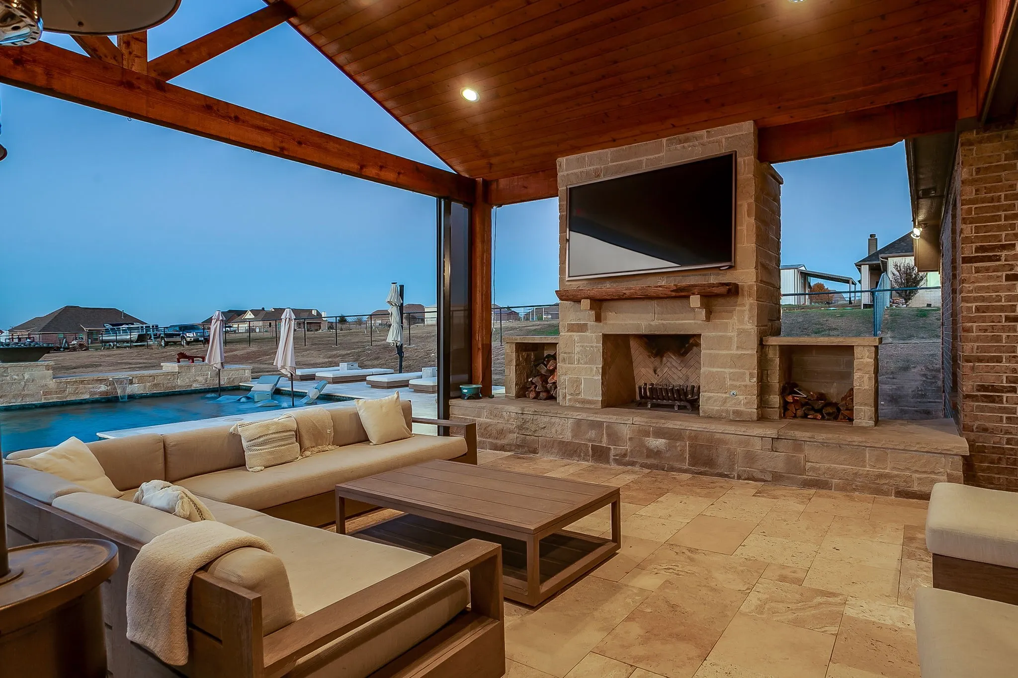Large stone fireplace.  Open Seating area.  Outdoor Heaters.