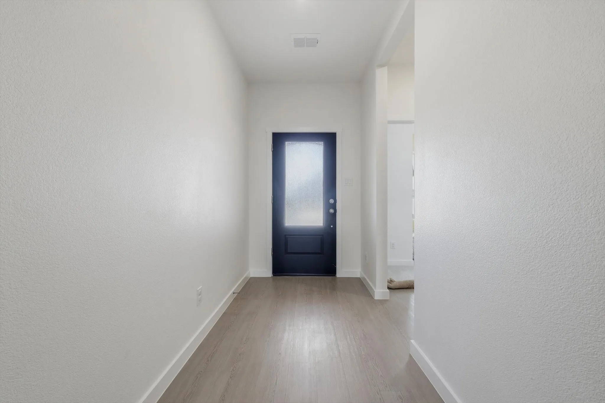 Entryway featuring a dark paneled door with frosted glass, wood-finish flooring, white baseboards, and neutral wall tones