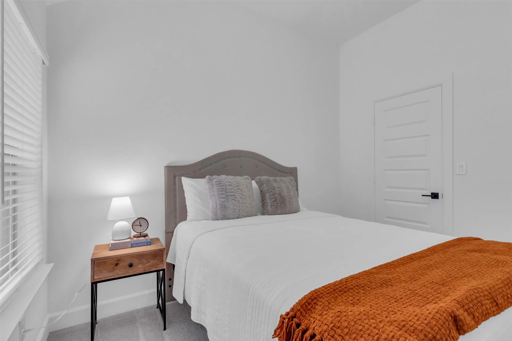 Well-lit room featuring a paneled door with matte black hardware, white walls, and plush carpeting