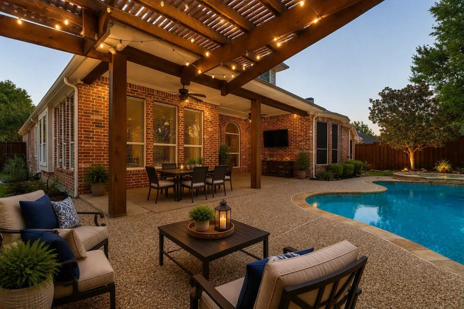 Expansive outdoor area featuring a swimming pool, a covered patio with a wooden pergola, brick exterior, and an outdoor ceiling fan