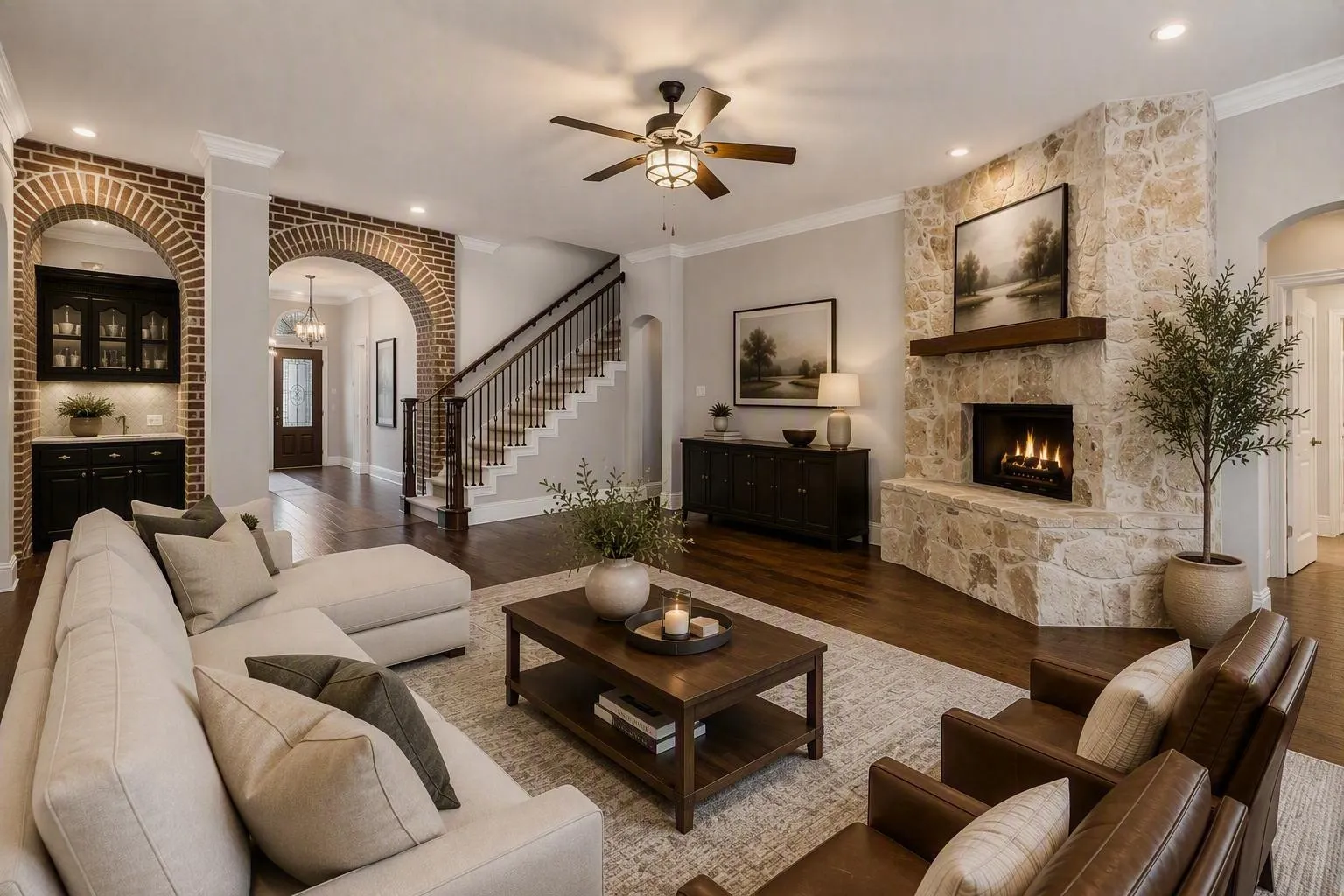 Stone-clad fireplace with wood​​‌​​​​‌​​‌‌​‌‌​​​‌‌​‌​‌​‌​​​‌​​ mantel