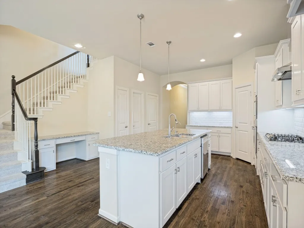 Freshly painted kitchen cabinets.