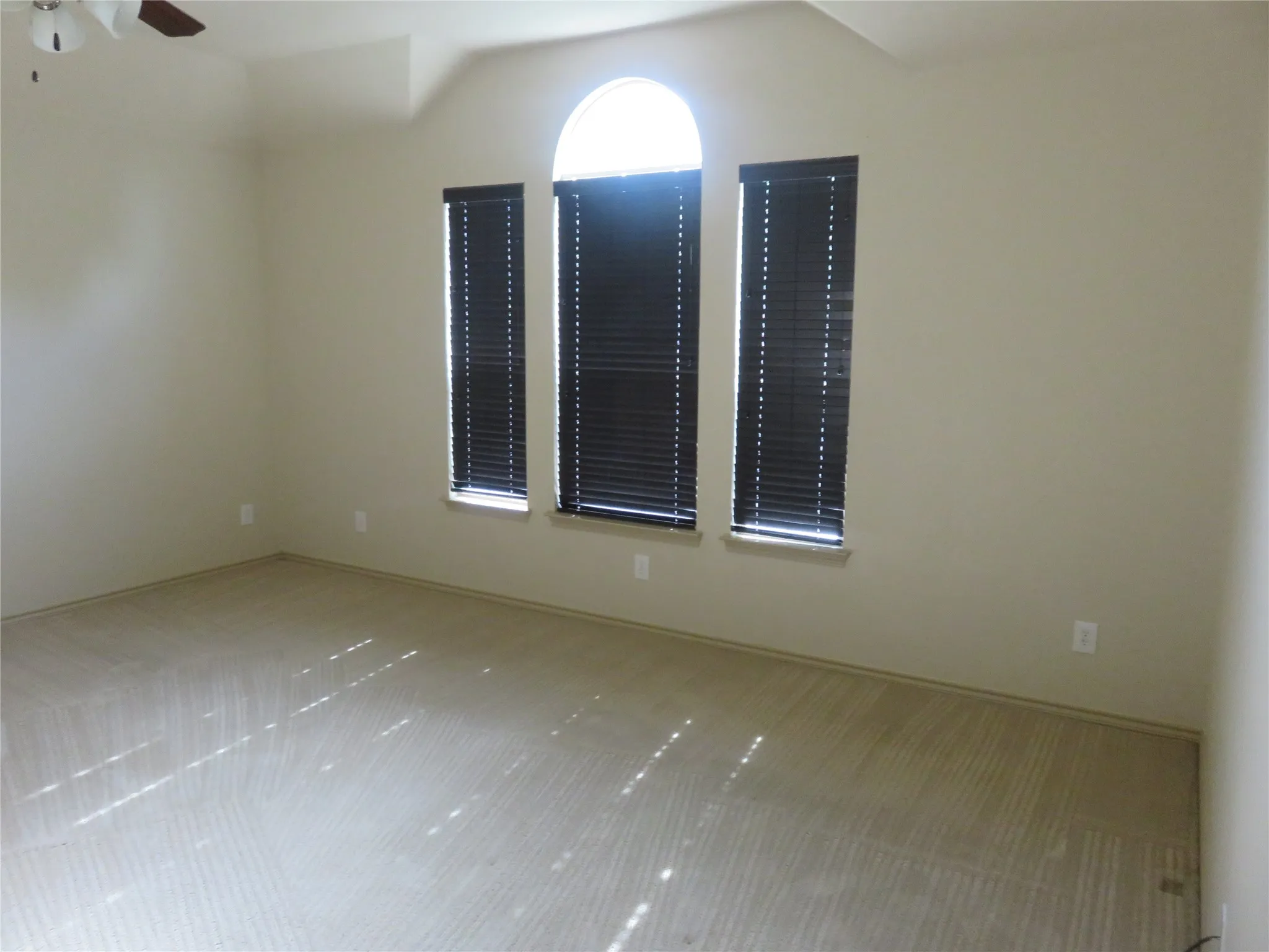 Carpeted room featuring a large arched window with two rectangular window panels below, each fitted with dark blinds