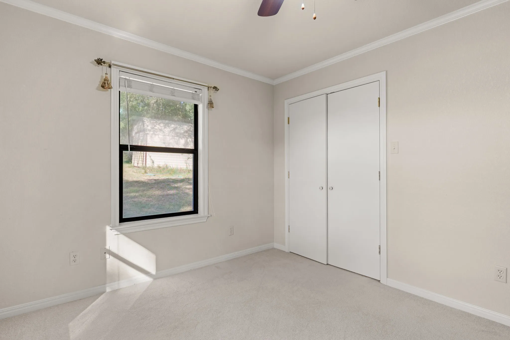 Windowed room featuring light-colored walls, crown molding, and carpeted flooring
