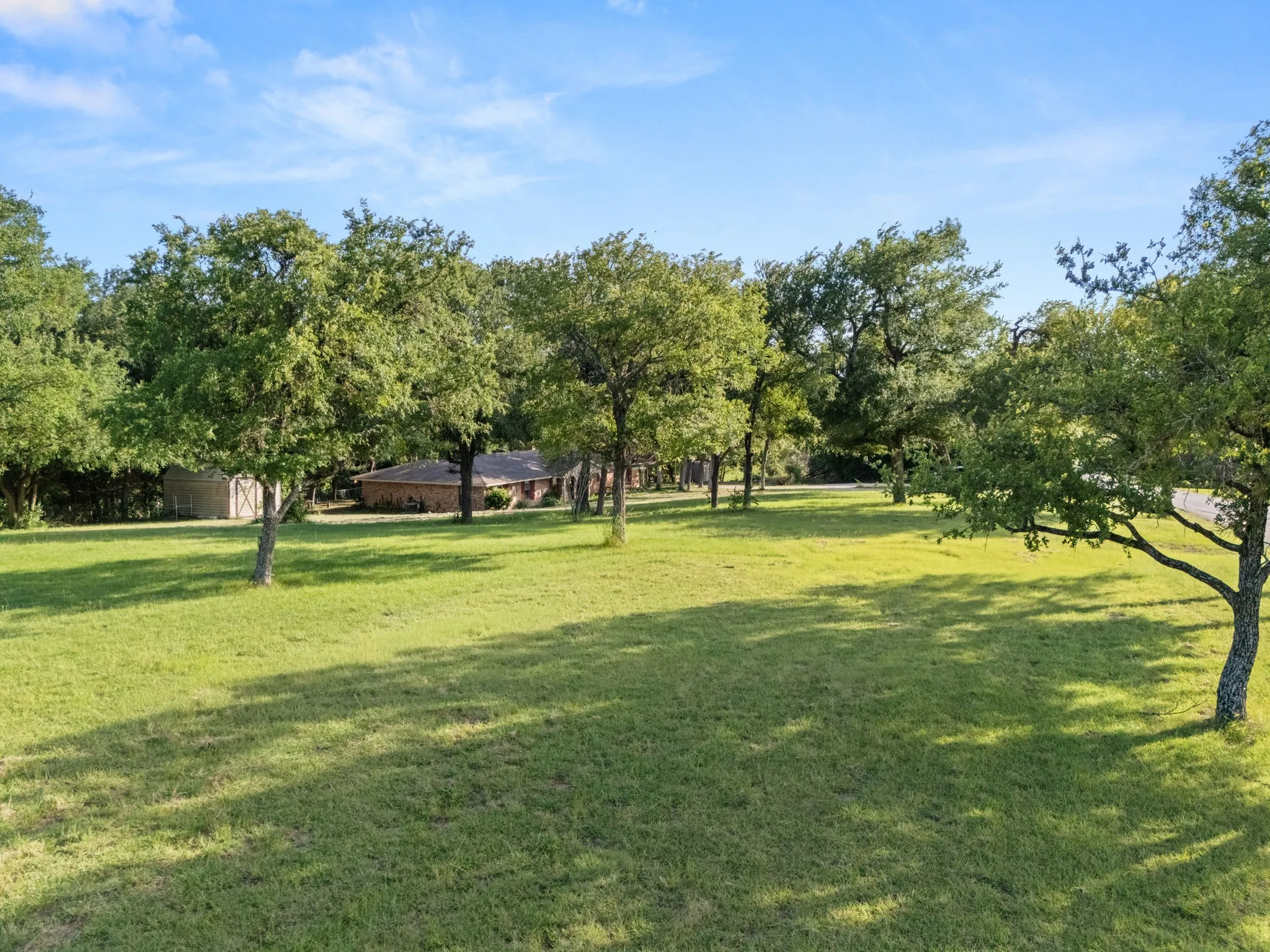 Expansive lawn with mature trees, offering a broad green space