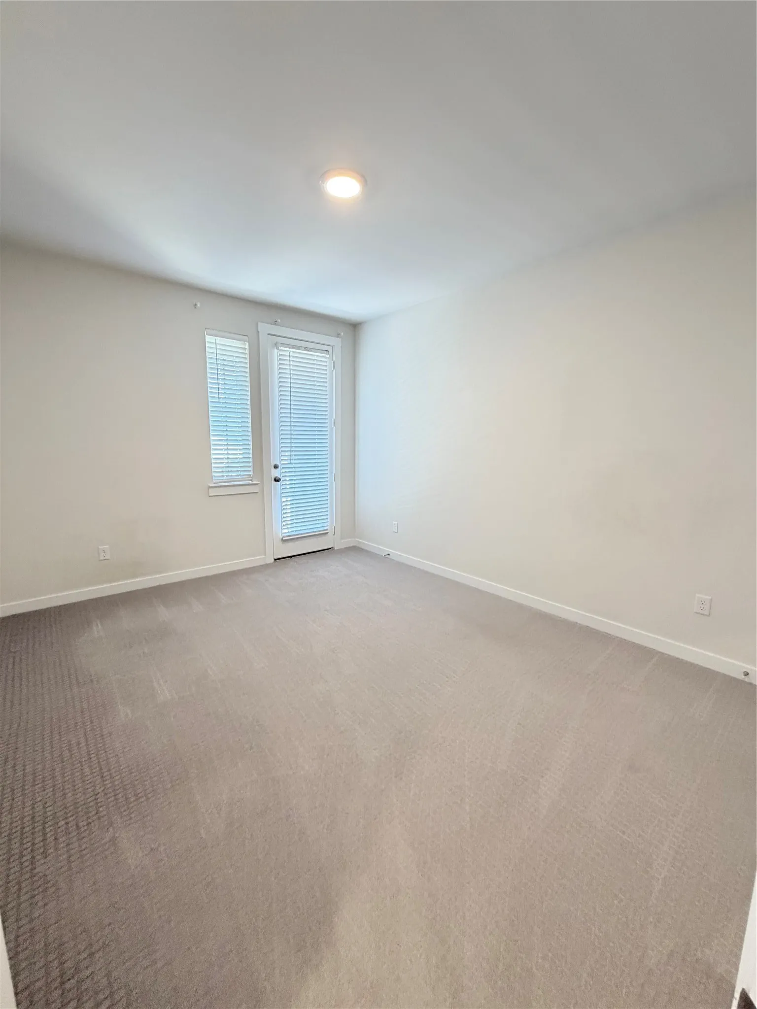 Neutral-toned carpeting paired with white walls, baseboards, and trim