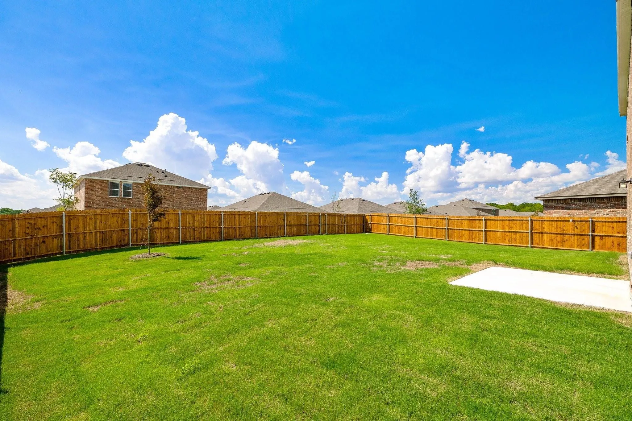 Spacious backyard featuring a large grass lawn, perimeter wood fencing, and a concrete patio pad