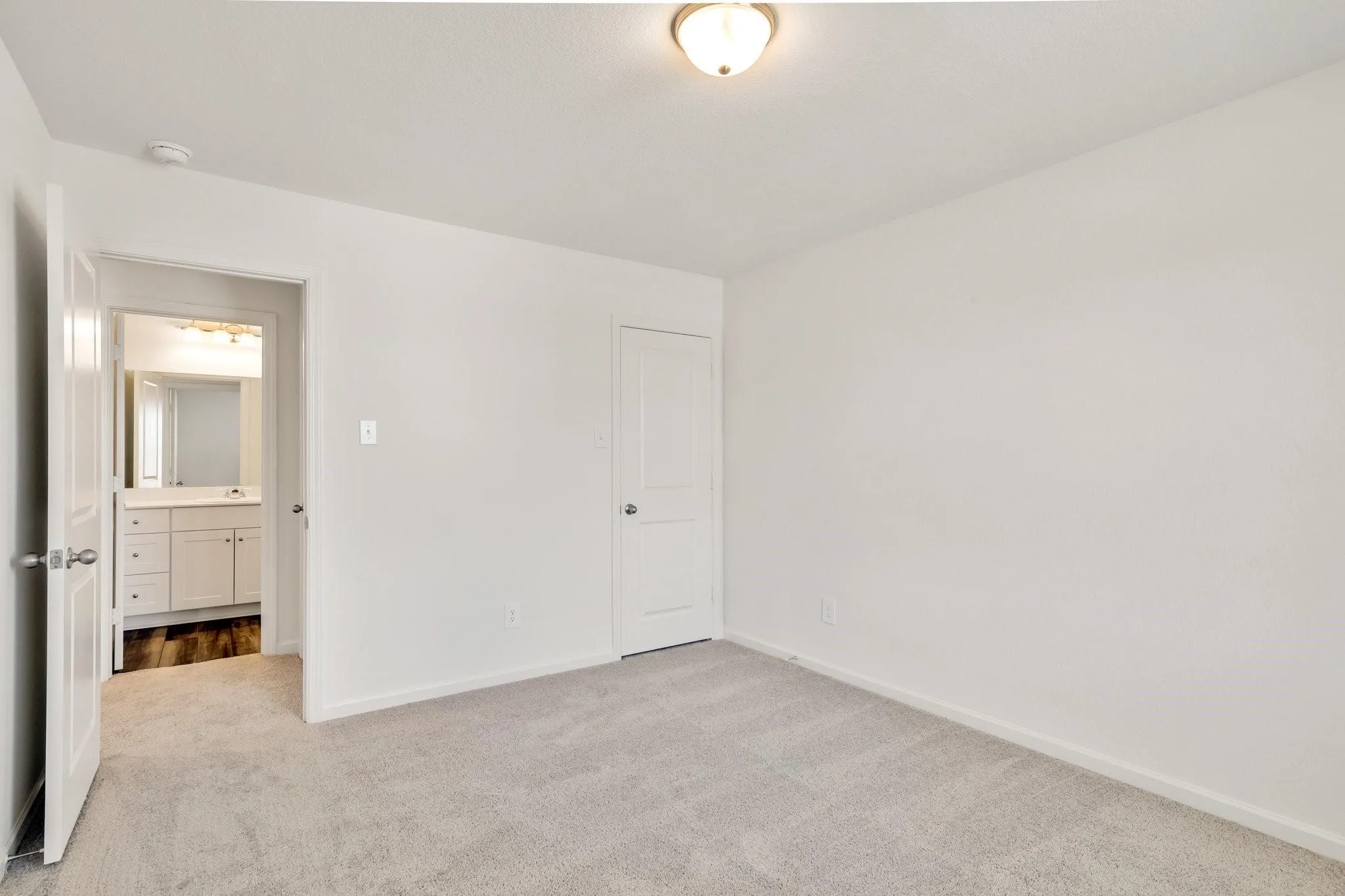 Carpeted room featuring white walls, a flush-mount ceiling light fixture, and a white interior door