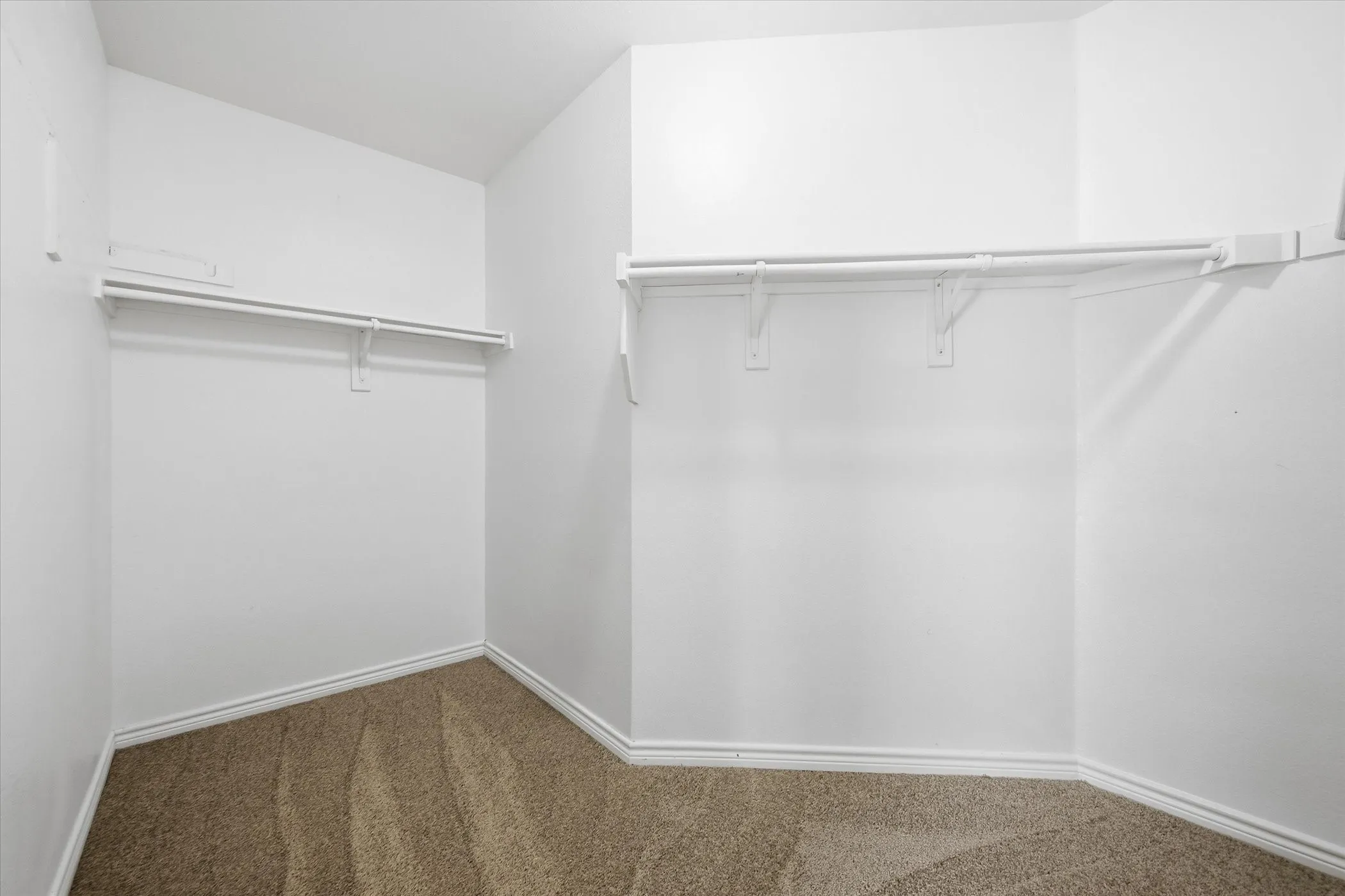 Walk-in closet featuring white walls, white baseboards, and tan carpet flooring