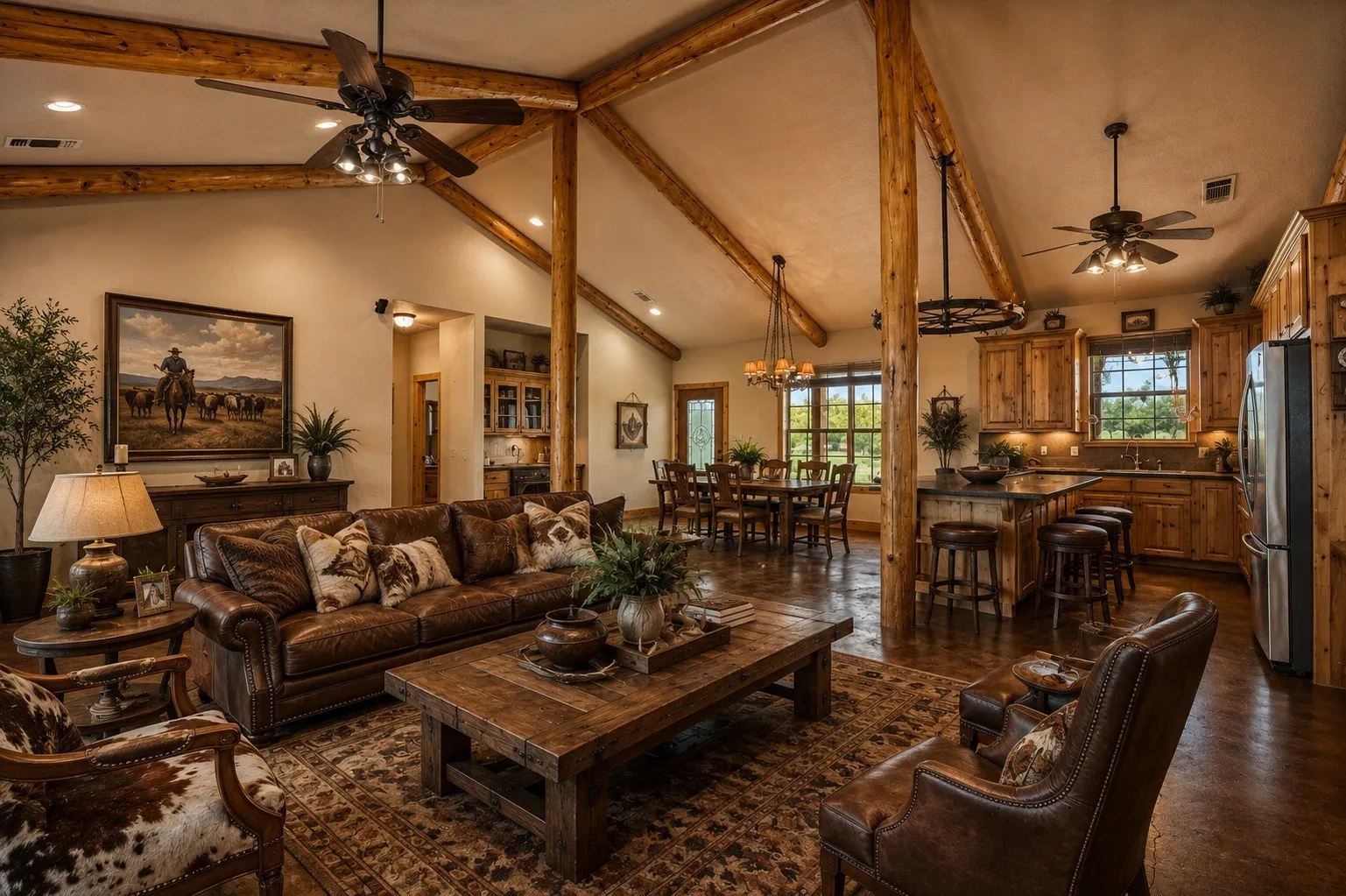 Vaulted ceiling with exposed wood beams