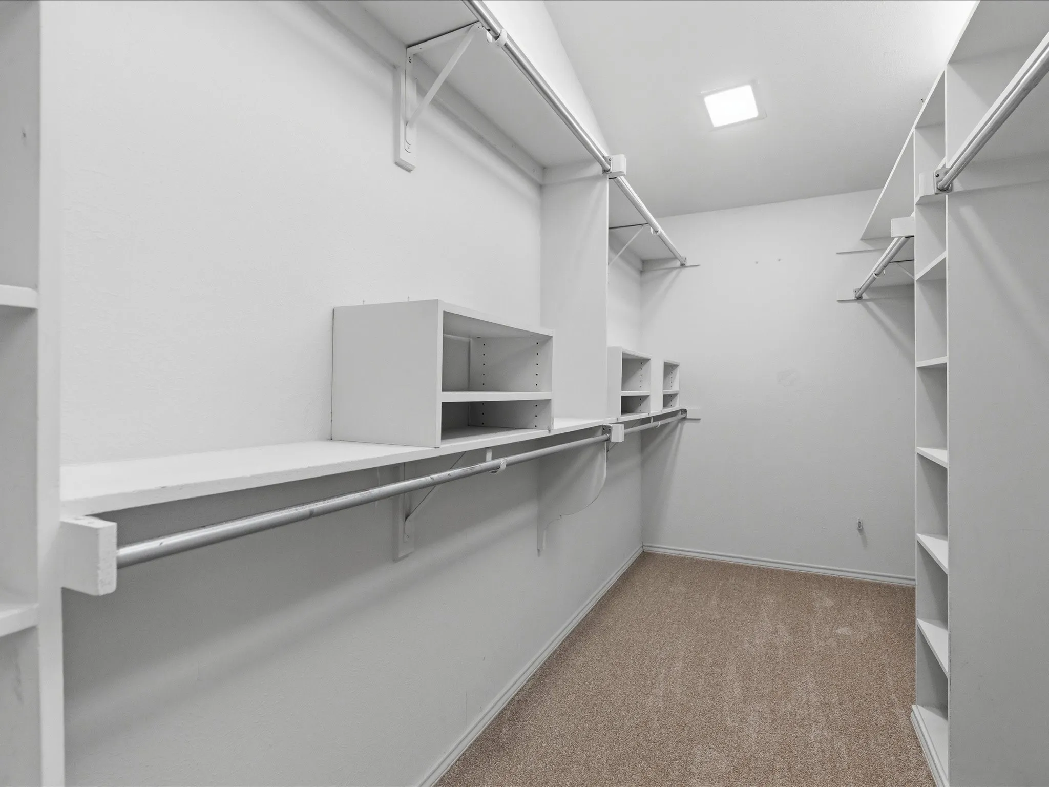 Walk-in closet featuring built-in shelving, hanging rods, carpet flooring, and ceiling-mounted lighting