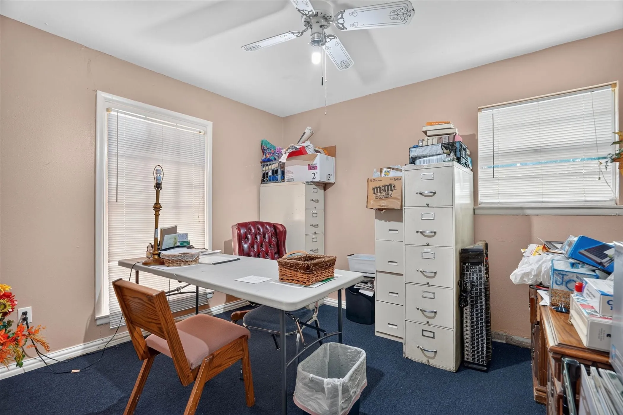 Room featuring blue carpet flooring, painted walls, and white trim