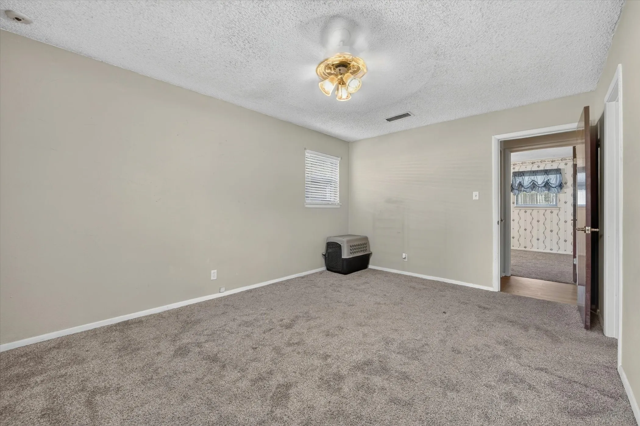 Spacious room featuring neutral wall paint, textured ceiling, and plush carpeting