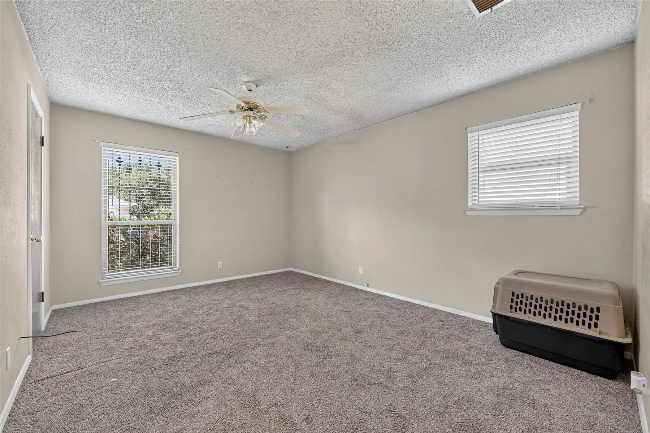 Carpeted room featuring neutral-toned walls, a ceiling fan, and two windows with blinds