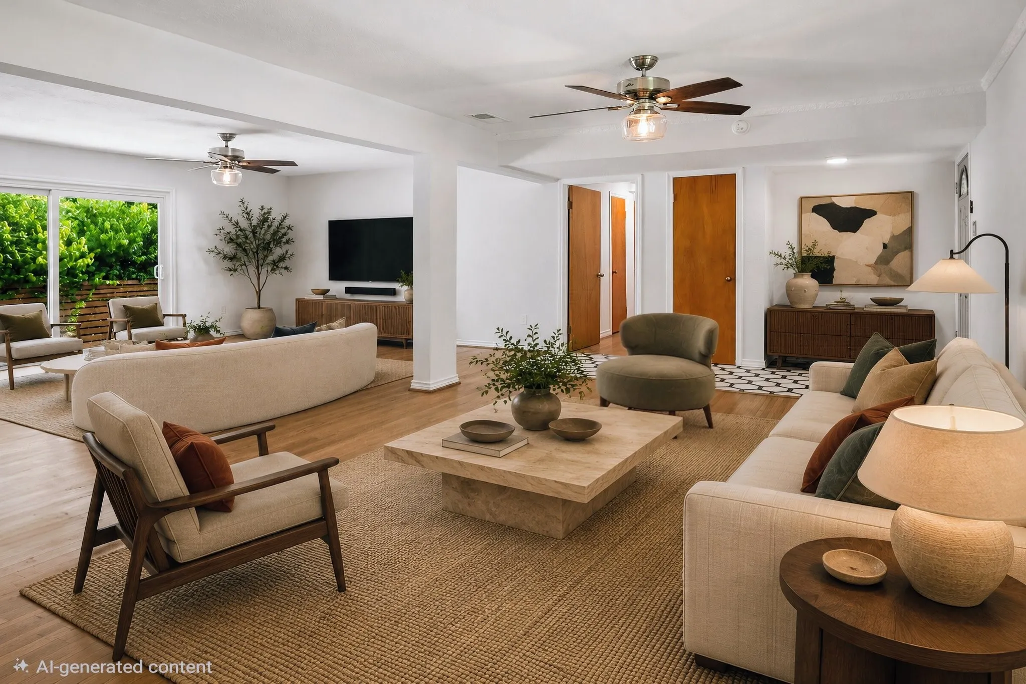 Virtually staged -Living area looking towards Family Room, entry and hall to bedrooms.