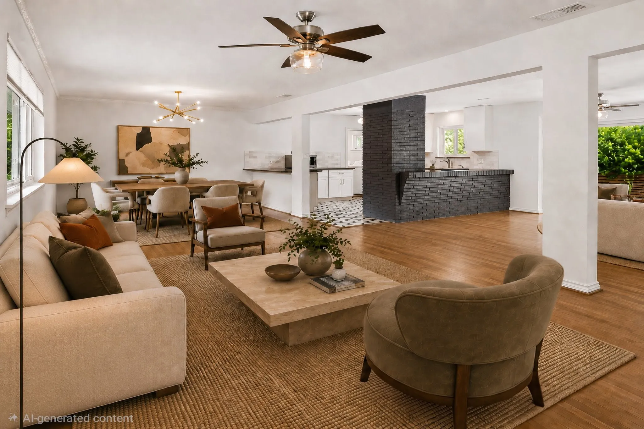 Virtually staged living area looking towards dining area and kitchen. Family room to the right.