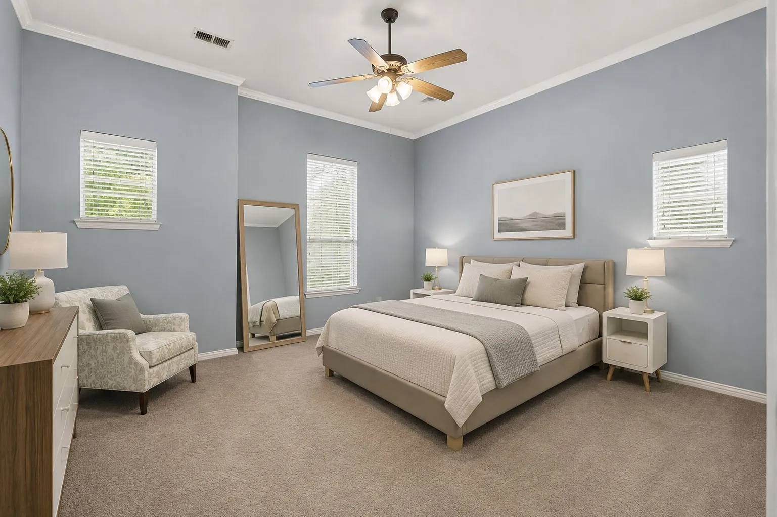 Recessed ceiling fan, carpeted flooring, crown molding, double windows with blinds, and light blue wall finish