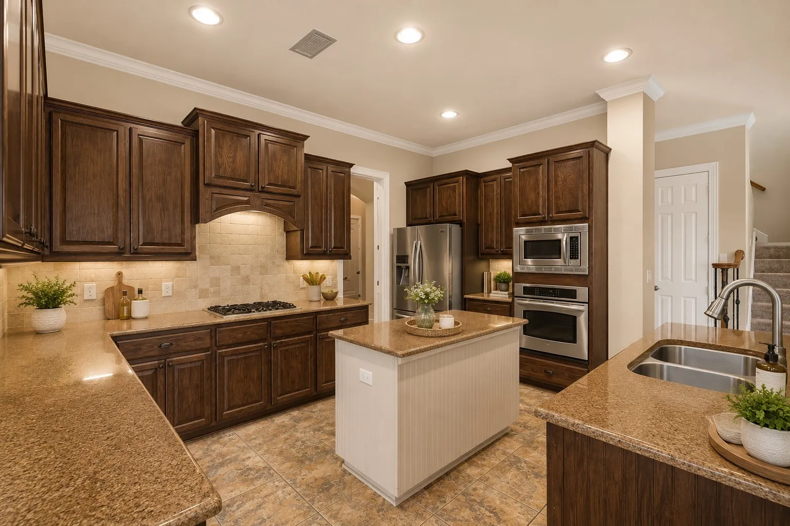 Kitchen featuring wood cabinetry, stainless steel appliances, a center island, and a dual-basin sink