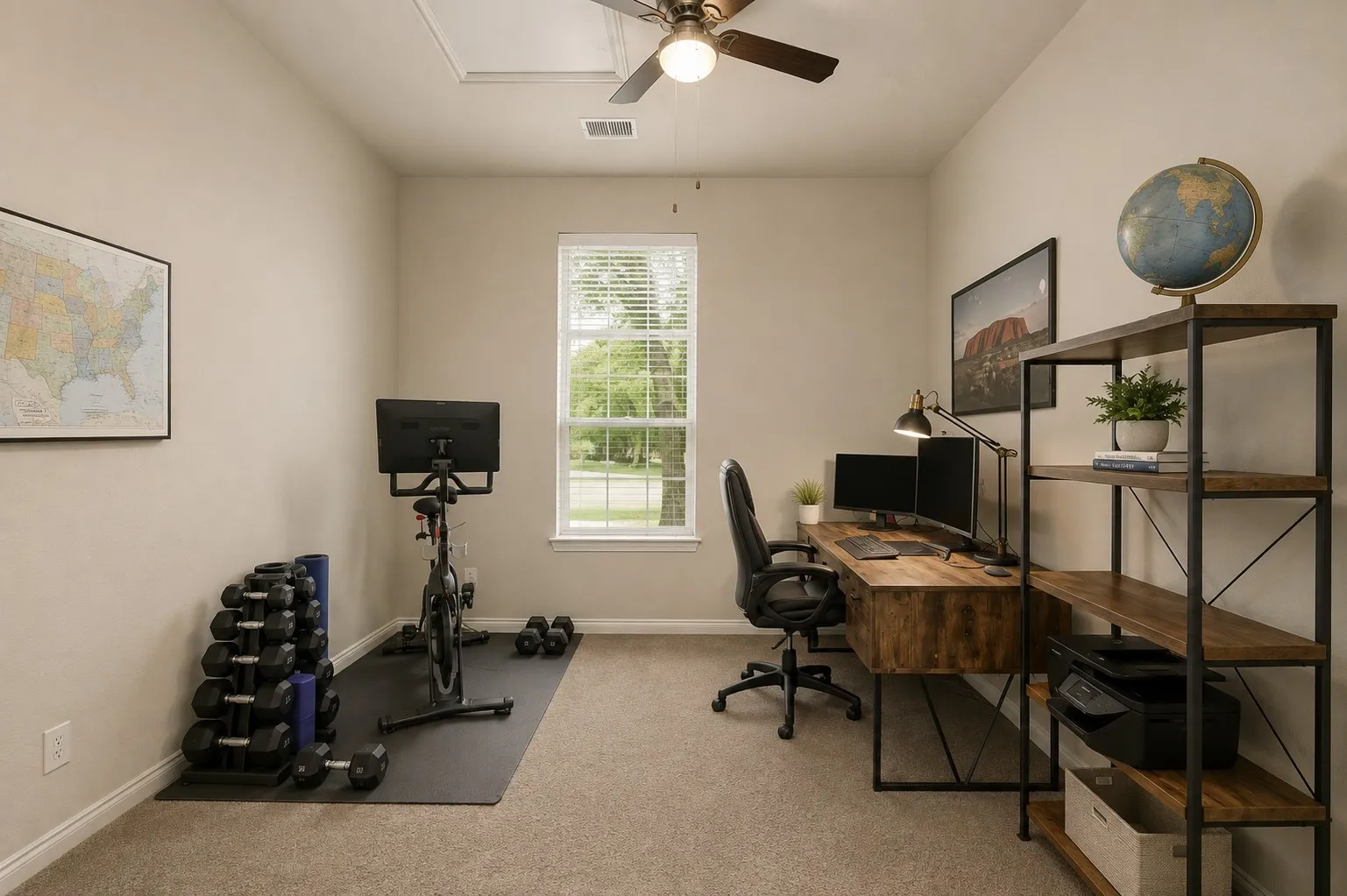 Versatile home office featuring a spacious layout with natural light from a large window, neutral carpeting, and built-in shelving with metal framing and wood-finish surfaces