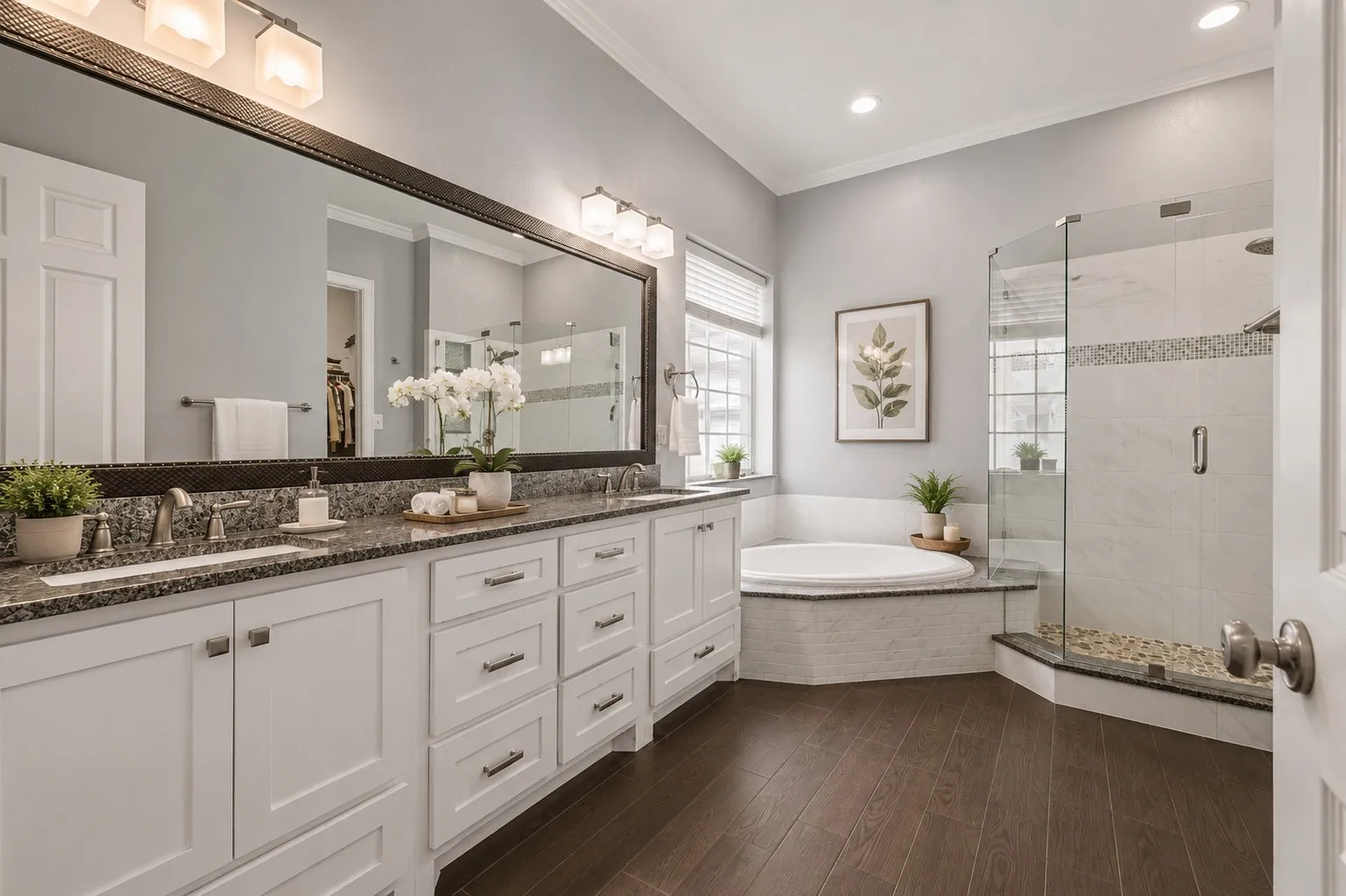 Dual vanity with granite countertops, wood-finish flooring, a freestanding soaking tub, and a glass-enclosed shower featuring pebble tile