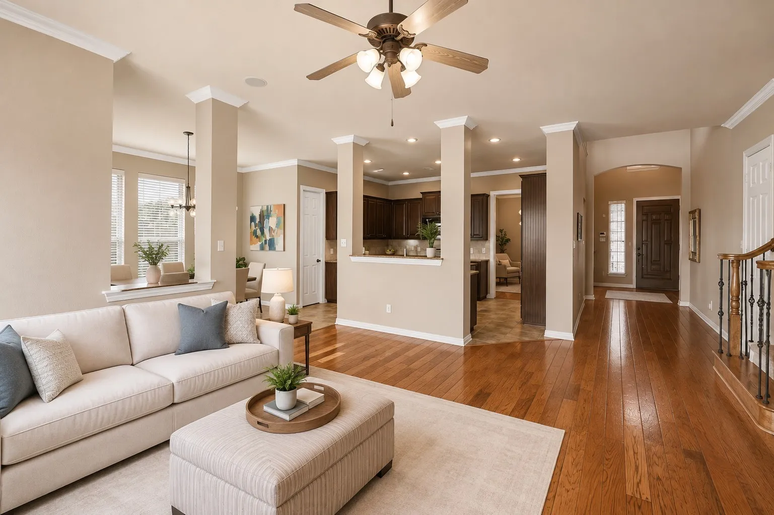 Open-concept living area featuring hardwood flooring throughout, recessed ceiling lighting, and a ceiling fan with integrated light fixture