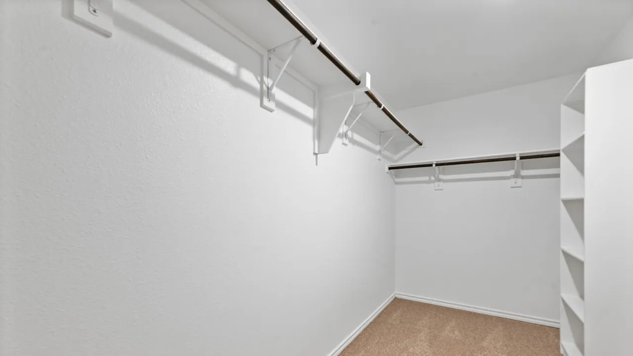 Walk-in closet featuring built-in shelving, dual hanging rods, and neutral carpet flooring