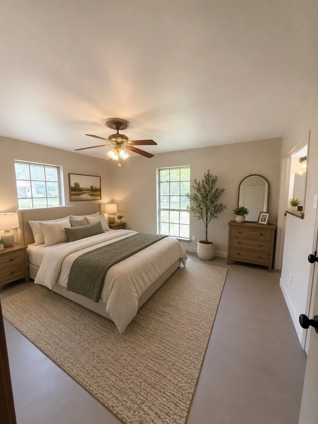 Spacious room featuring multiple windows, a ceiling fan, and light-toned walls