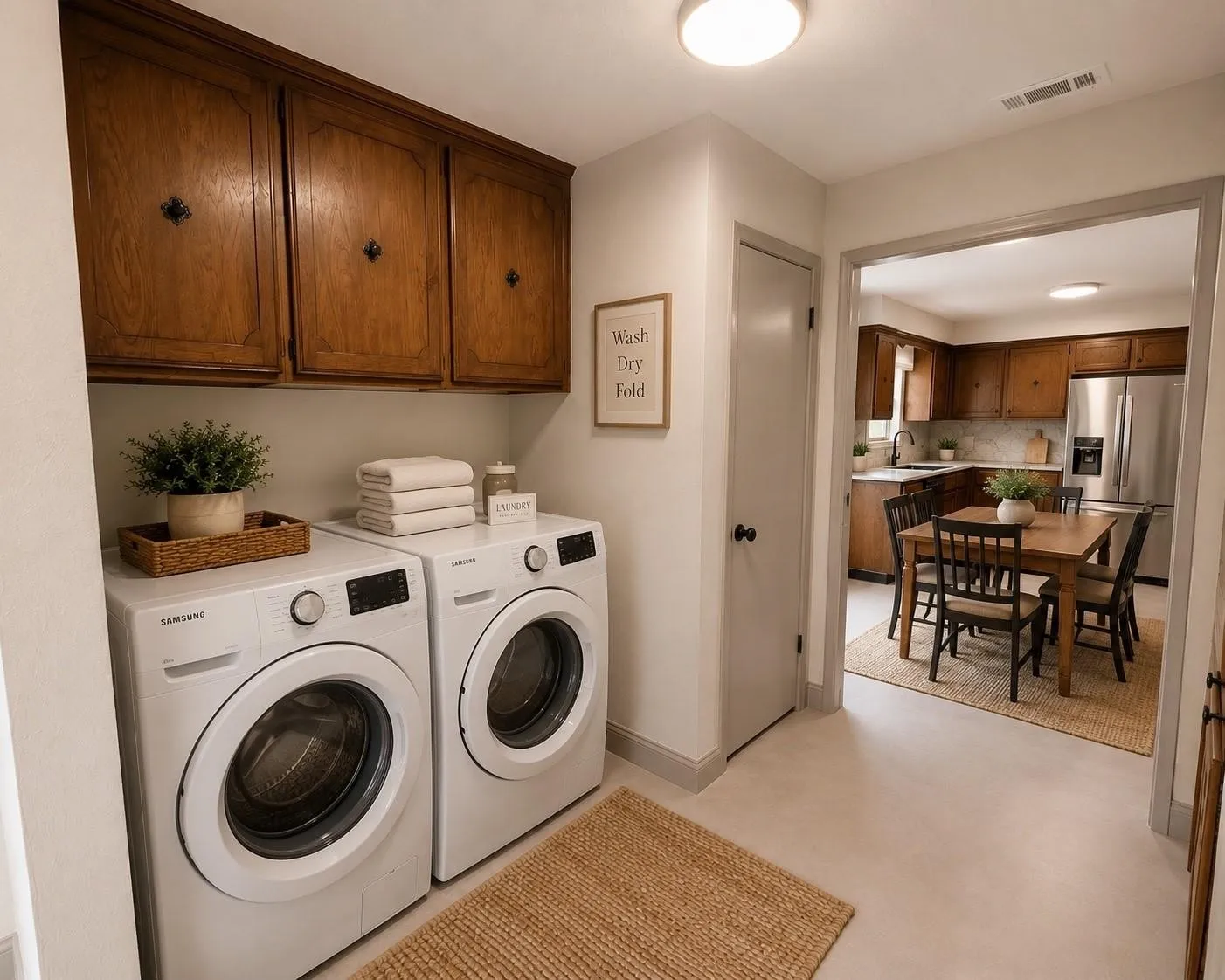Dedicated laundry area with warm wood cabinetry