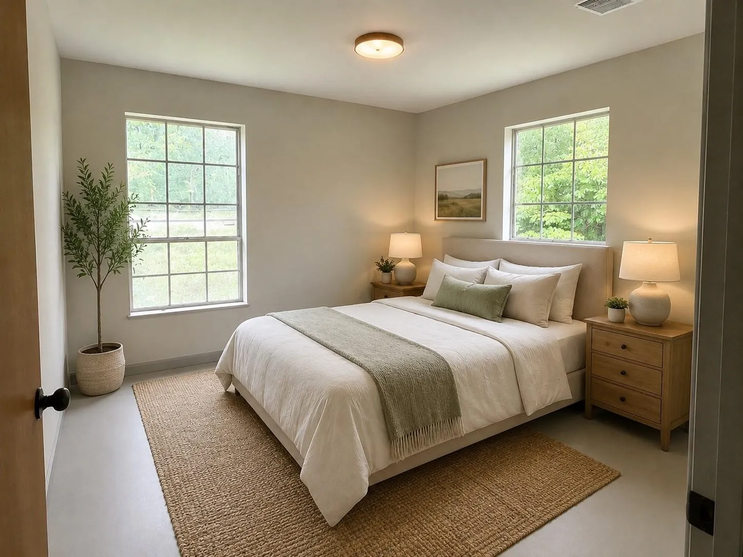 Bedroom featuring light gray walls and two multi-pane windows