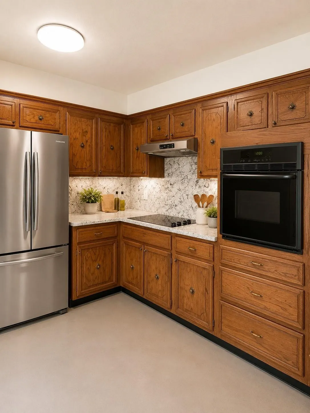 Kitchen featuring wood cabinetry, stainless steel appliances, a built-in wall oven, a cooktop, and light-toned flooring
