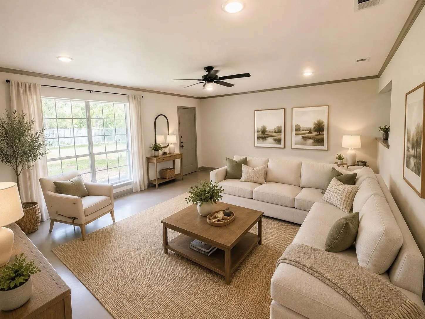 Spacious living area featuring a large window, recessed lighting, and a ceiling fan