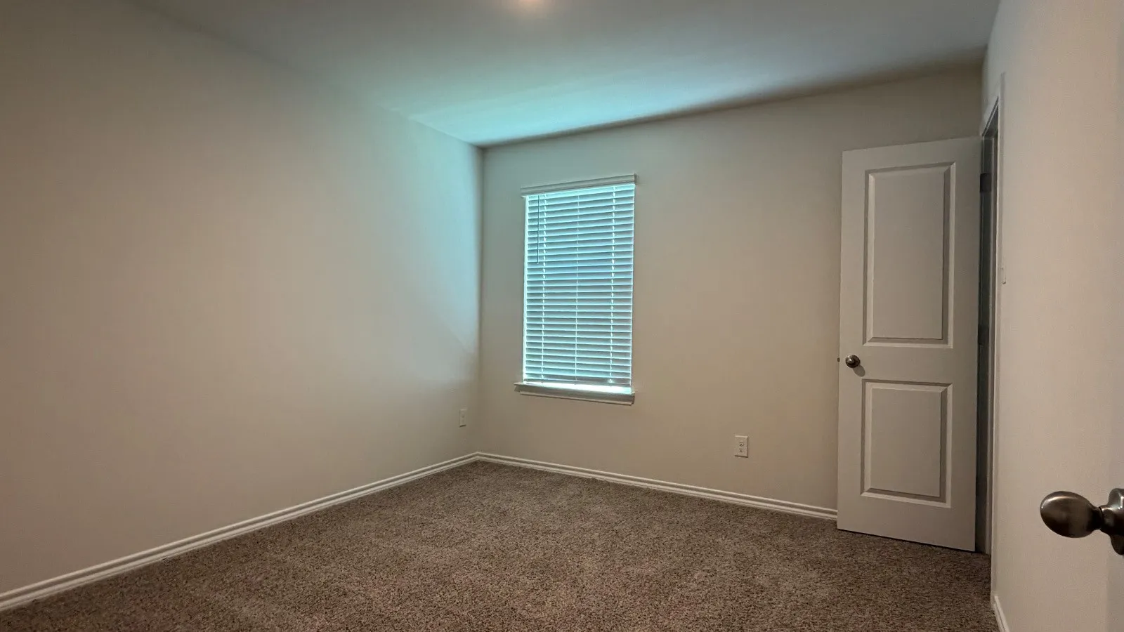 Carpeted room featuring a single window with horizontal blinds, neutral wall paint, and a white panel door
