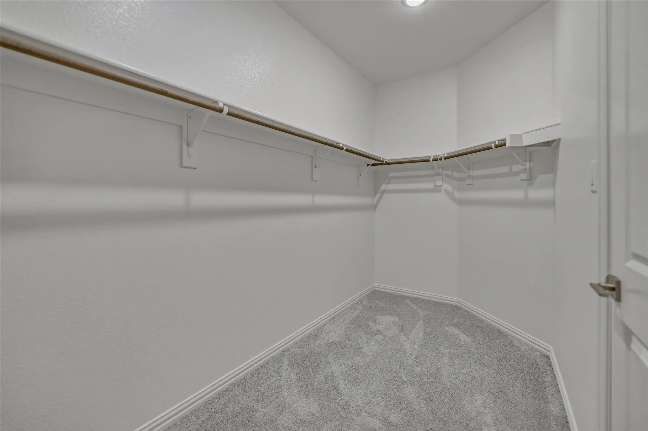 Walk-in closet featuring light gray carpeting, white walls, and built-in shelving with hanging rods