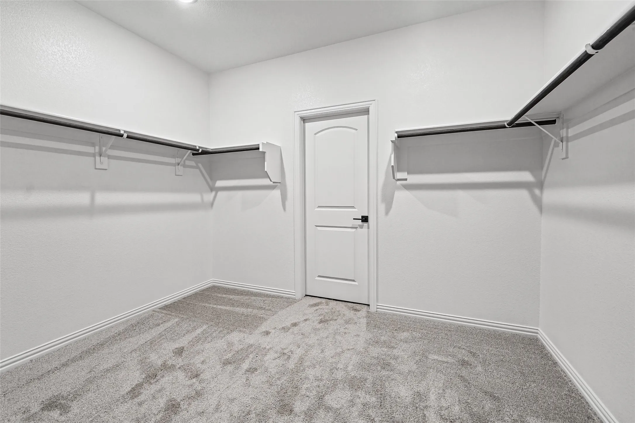 Spacious closet with light gray carpeting, crisp white walls, built-in shelving, and hanging rods