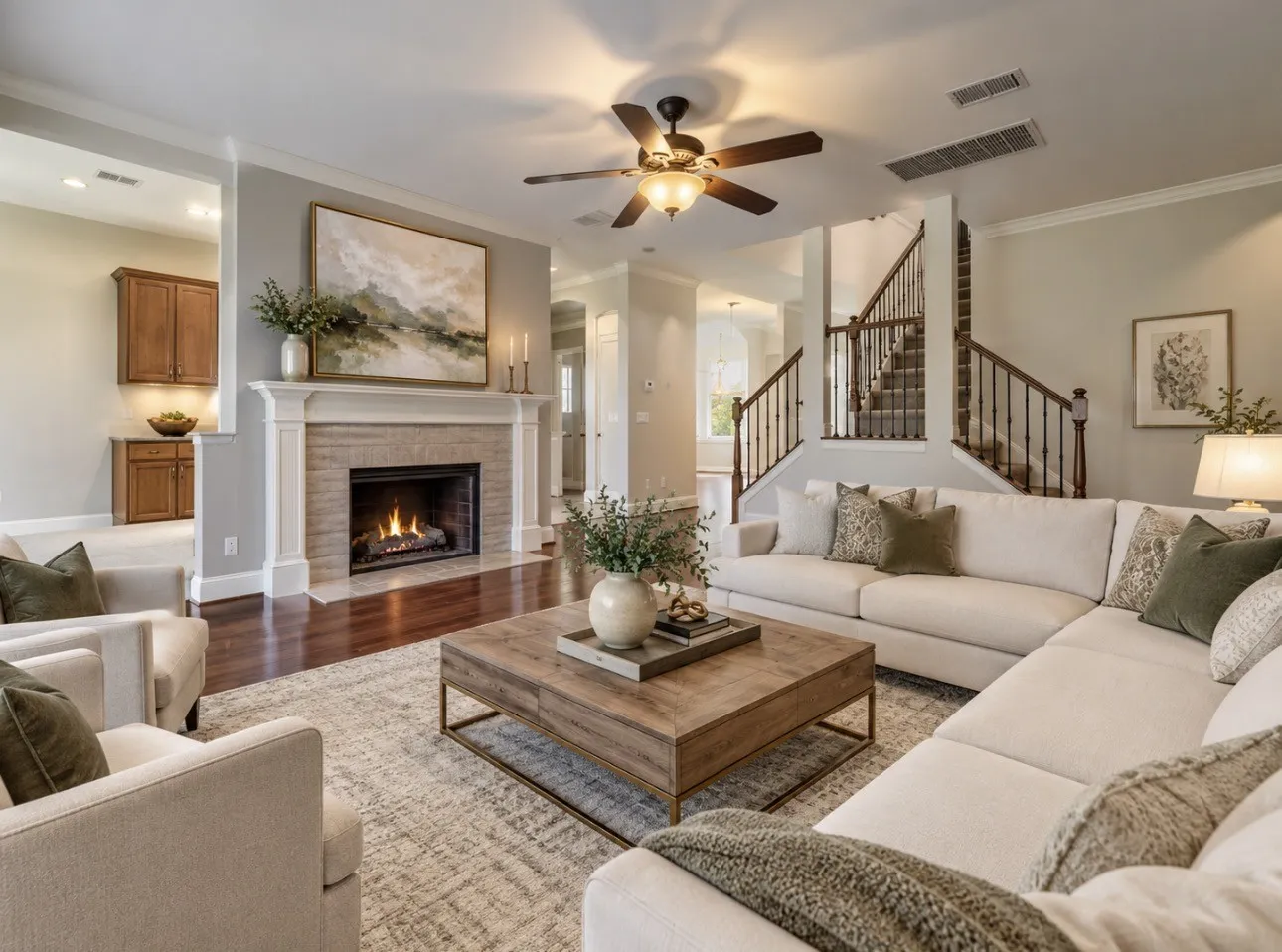 Hardwood flooring, crown molding, built-in fireplace with mantel, ceiling fan with integrated lighting, and a visible staircase with wood banister