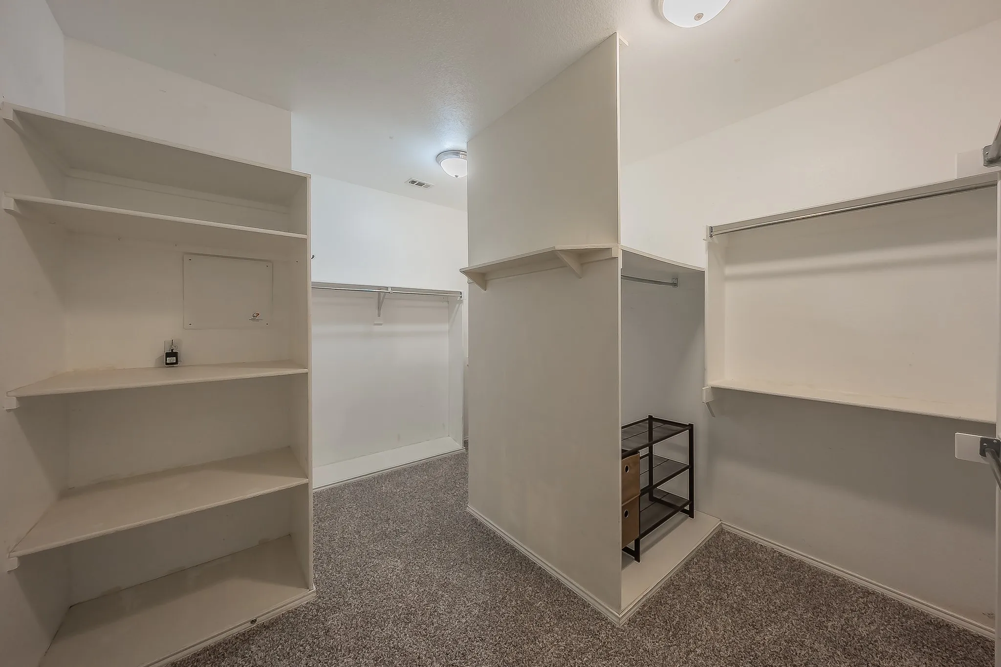 Huge Walk-in closet featuring built-in shelving, hanging rods, and neutral carpet flooring