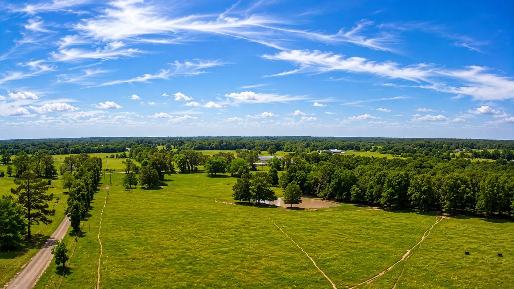 Expansive green pastures featuring mature trees and a long gravel driveway