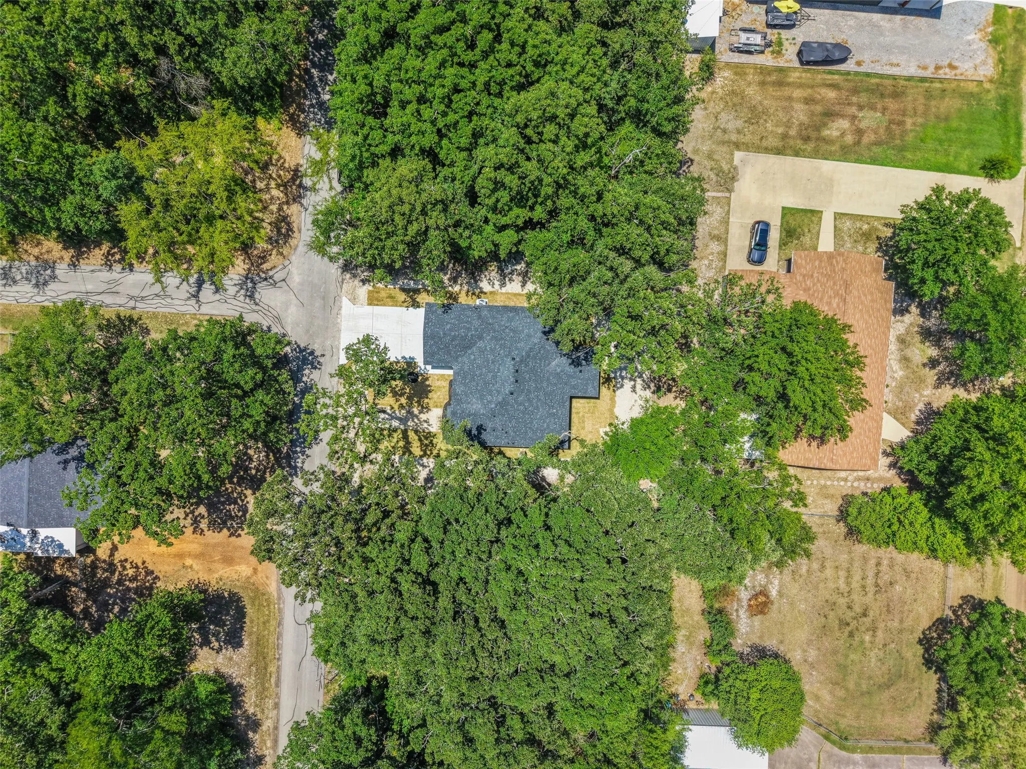 Property featuring a dark shingle roof, concrete driveway, and surrounding mature trees