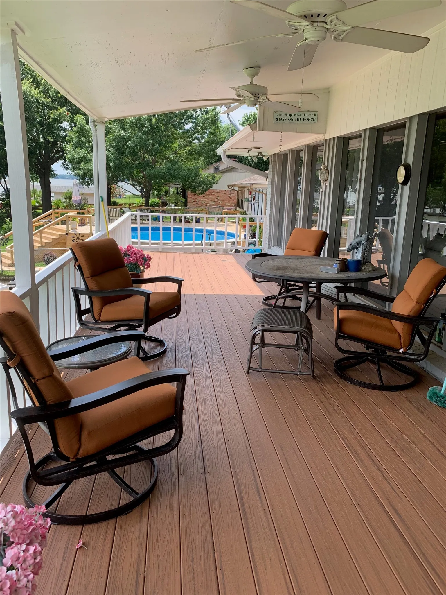 Lakeside upstairs covered deck for morning java, afternoon lunches, or evening happy hours.