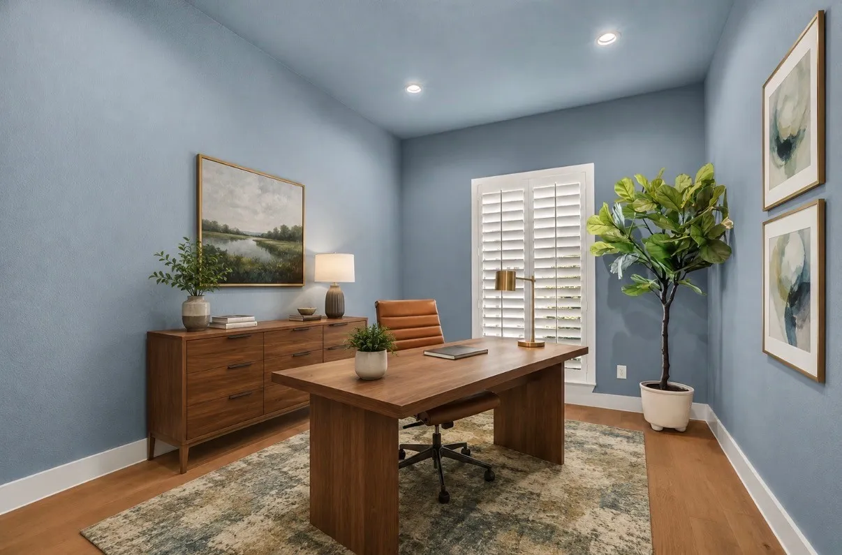Dedicated room with wood-finish flooring, recessed lighting, and a white plantation shutter window