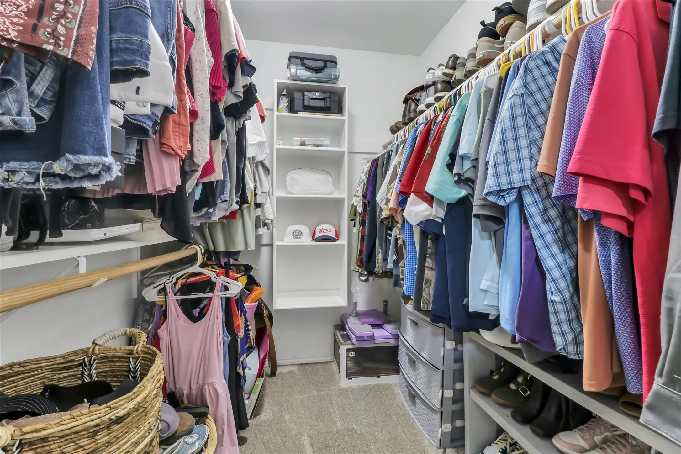 Walk-in closet with carpet flooring, white shelving units, and built-in closet rods