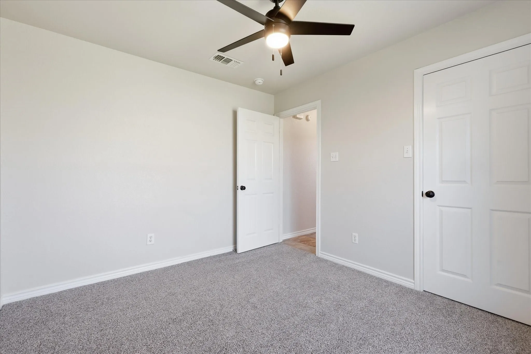 Neutral wall paint, textured gray carpeting, white trim, white paneled doors with black hardware, and a ceiling fan with light fixture