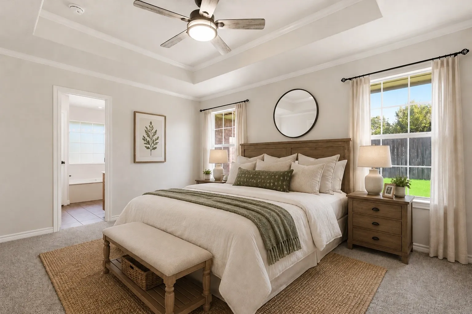 Spacious bedroom featuring a tray ceiling, ceiling fan, and carpeted flooring