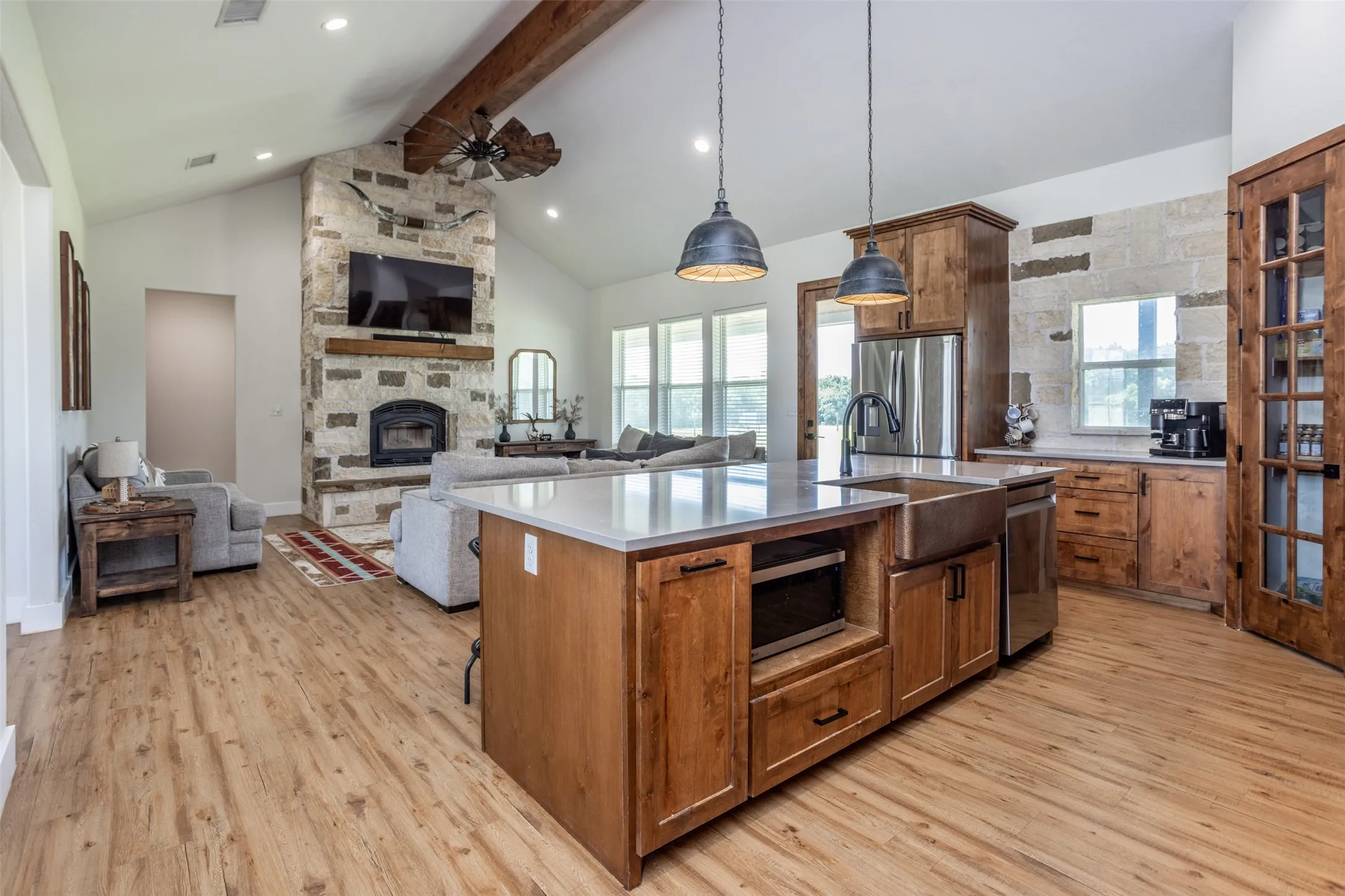 Microwave cut out, farmhouse copper sink AND gorgeous windmill style ceiling fan