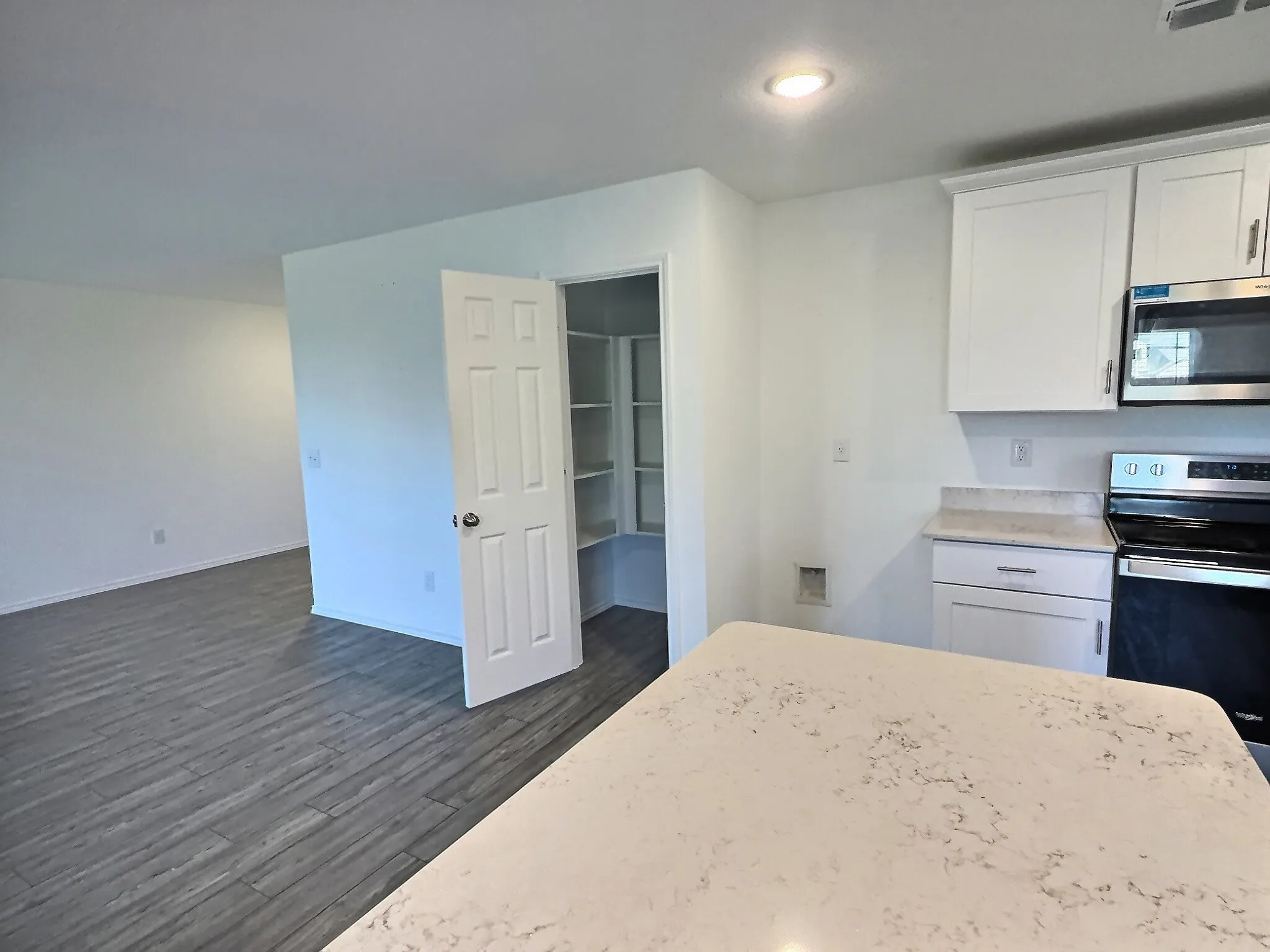 Spacious kitchen with large island and walk in pantry, open to living room and dining area