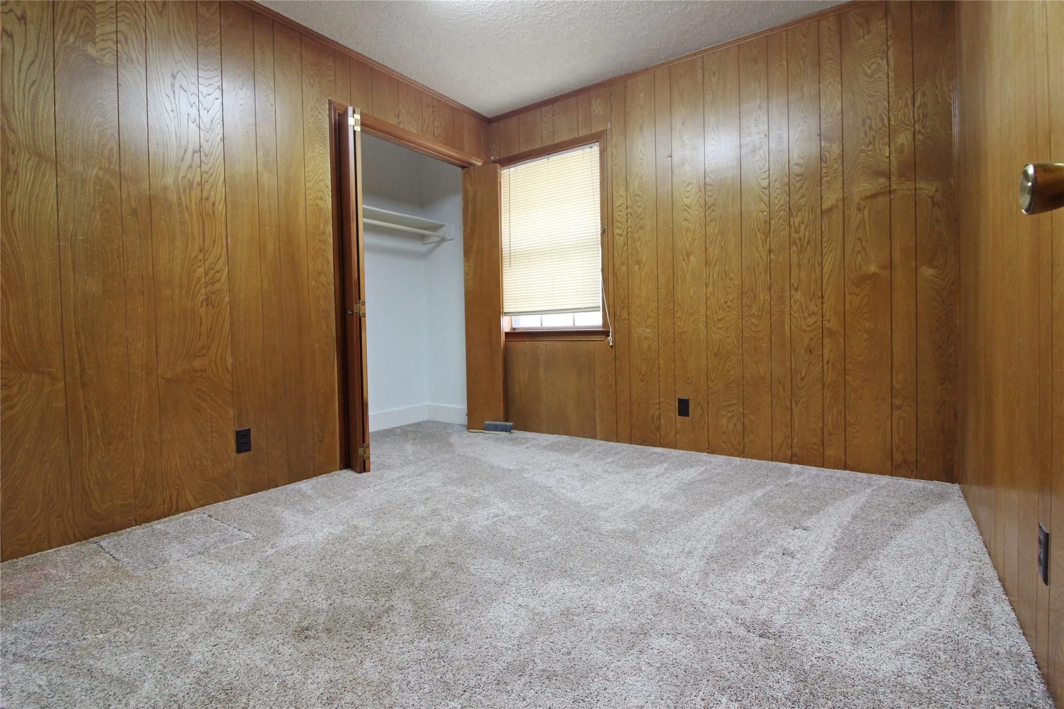 Room featuring wood-paneled walls, light-toned carpet flooring, a window with a roller shade, and a closet with shelving