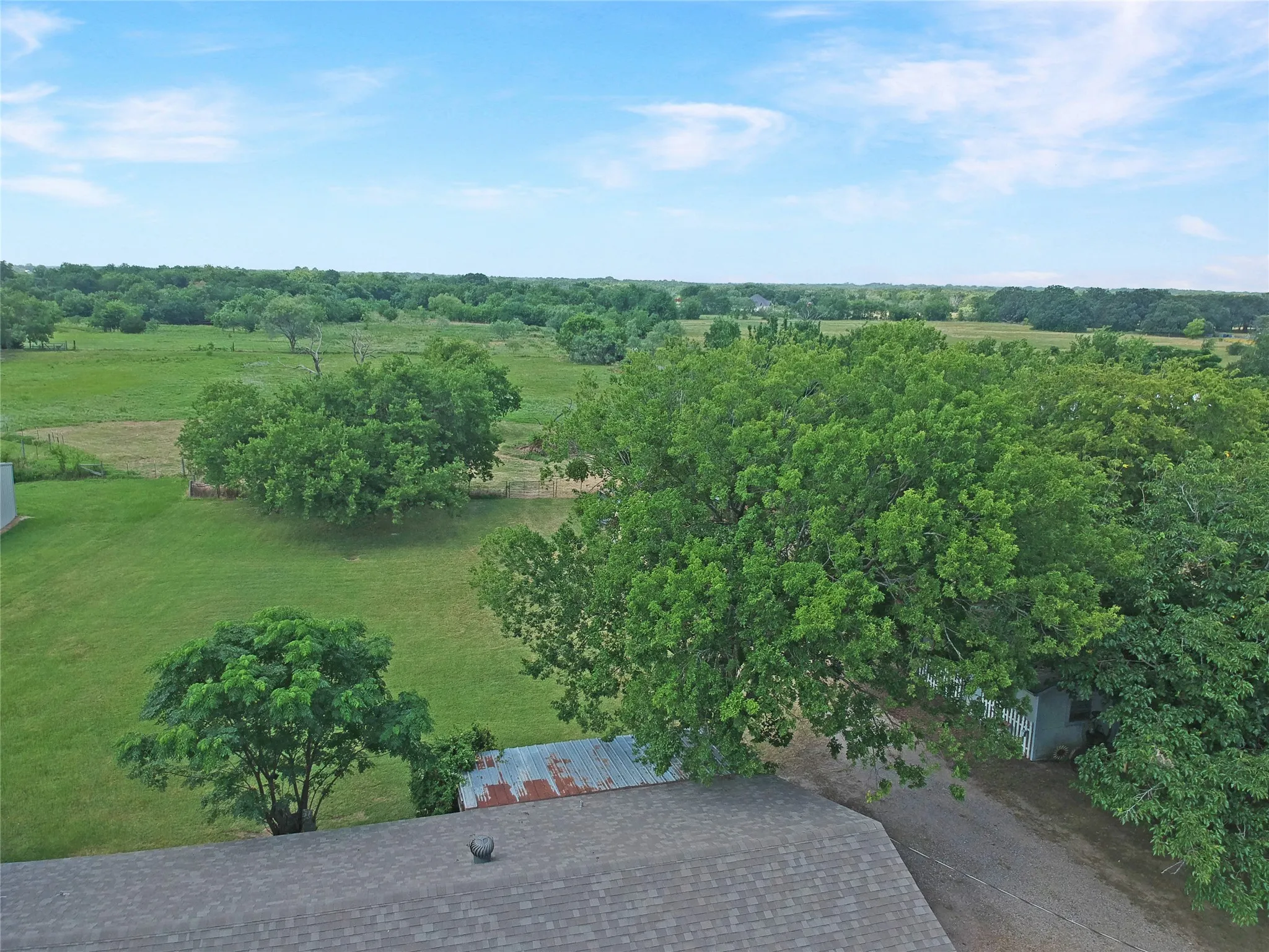 Expansive green landscape featuring mature trees, open fields, and a gravel drive